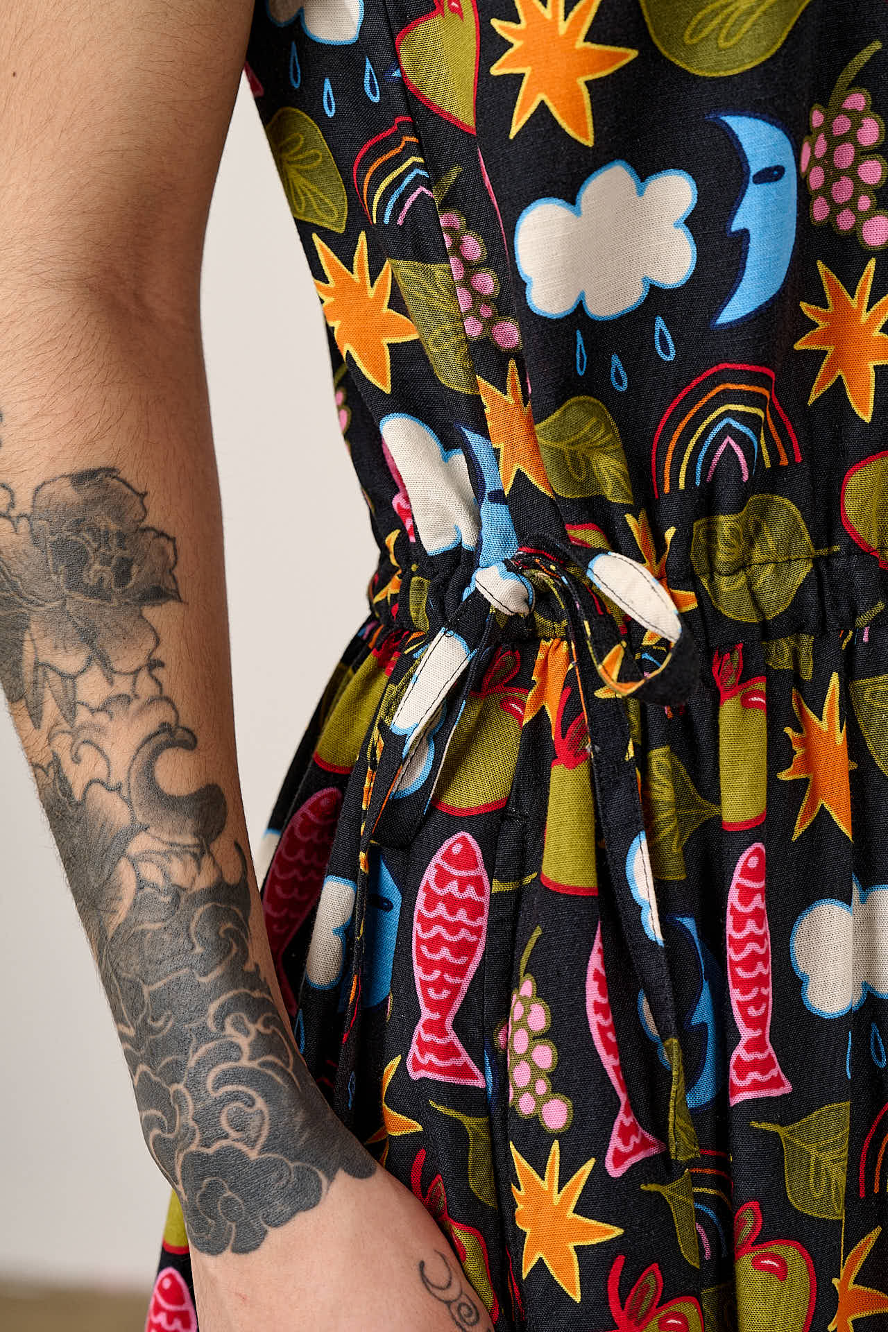 Sacha - Cotton & Viscose Midi Dress in Naive Shapes Print