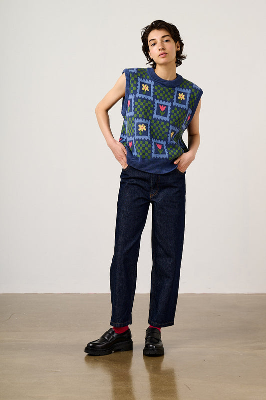 Saffle - Cotton Knitted Vest in Tulip Checkerboard