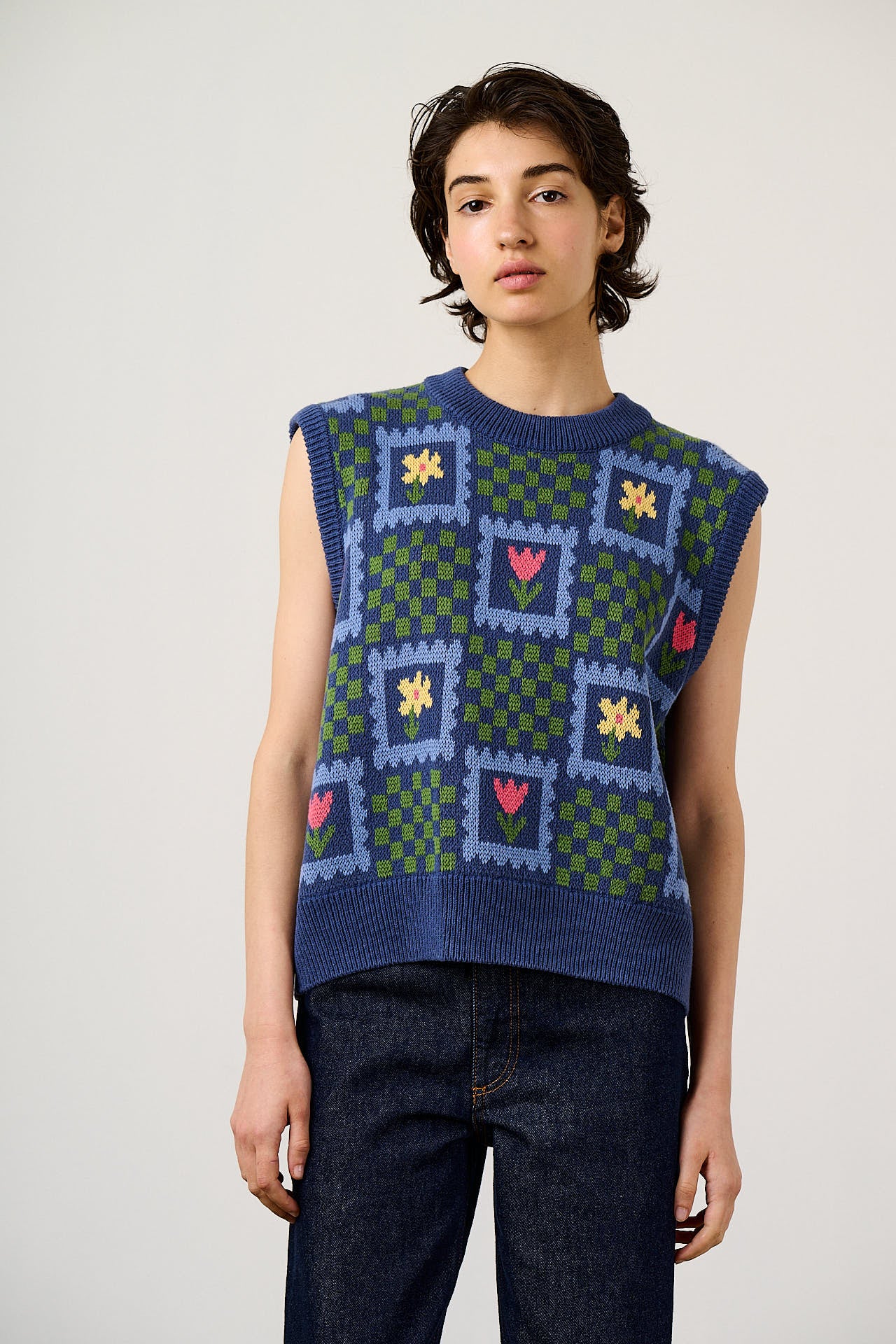 Saffle - Cotton Knitted Vest in Tulip Checkerboard