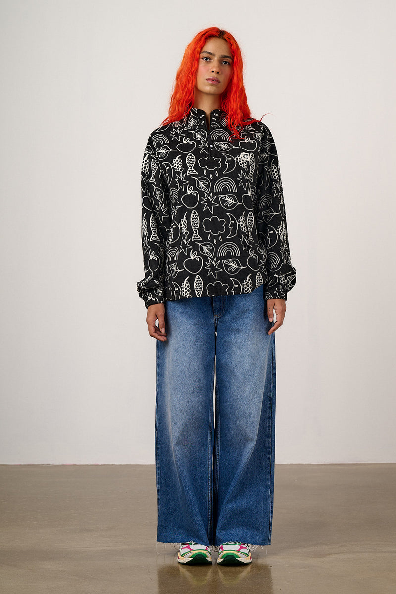 Sammy - Lightweight Polar Fleece in Monochrome Naive Shapes