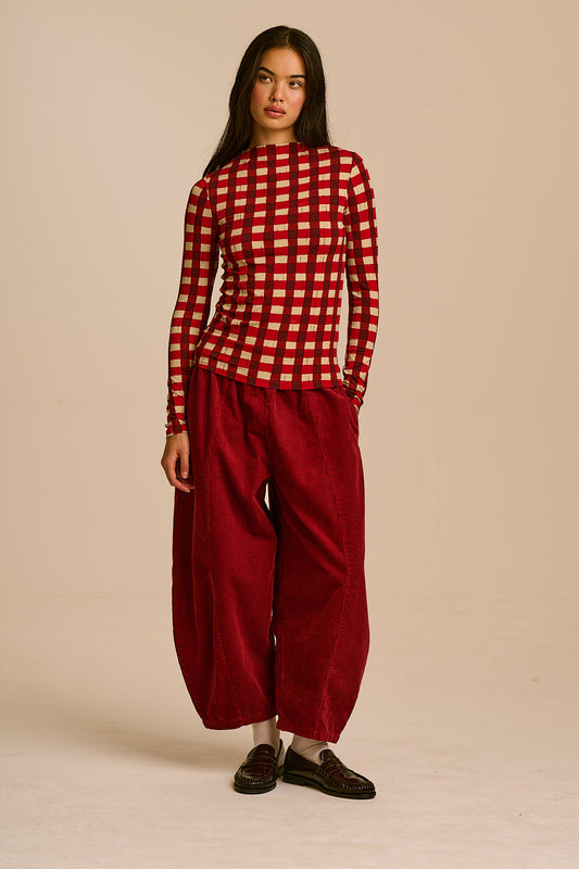 Obregon - Corduroy Barrel Leg Trousers in Pomegranate