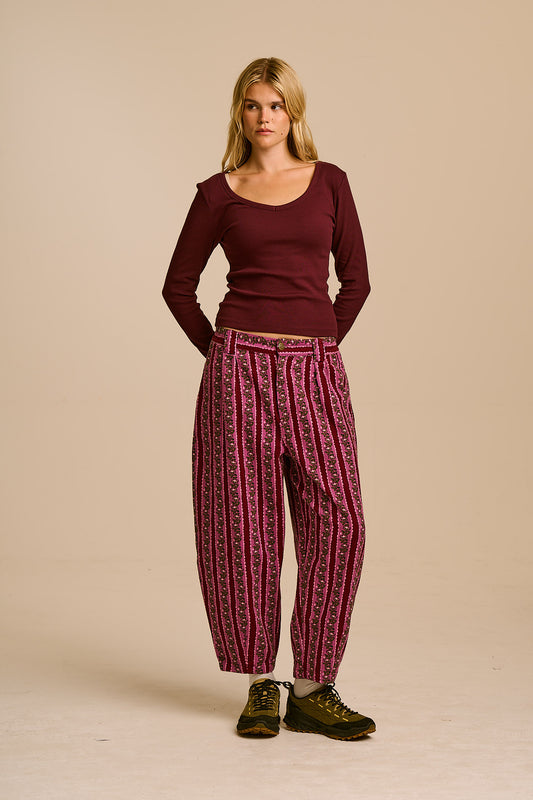 Ashby - Cotton Barrel Leg Trousers in Folk Floral Stripe