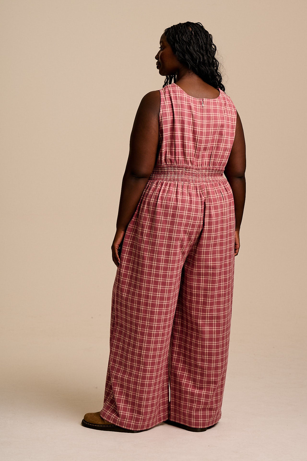 Simone - Cotton & Linen Jumpsuit in Maroon Deco Rose Check – Lucy