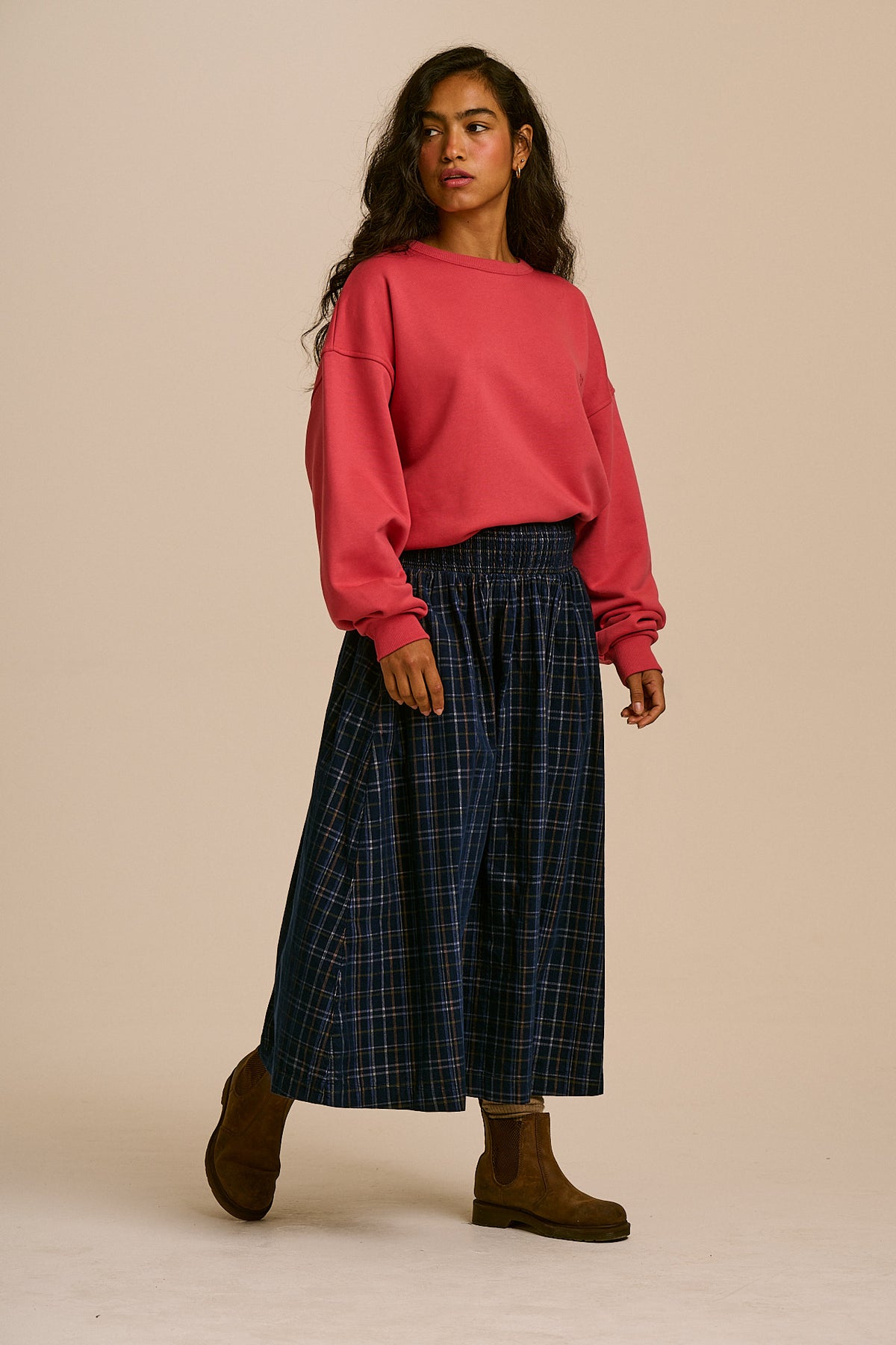 Sofiya - Organic Cord Midi Skirt in Woodland Check