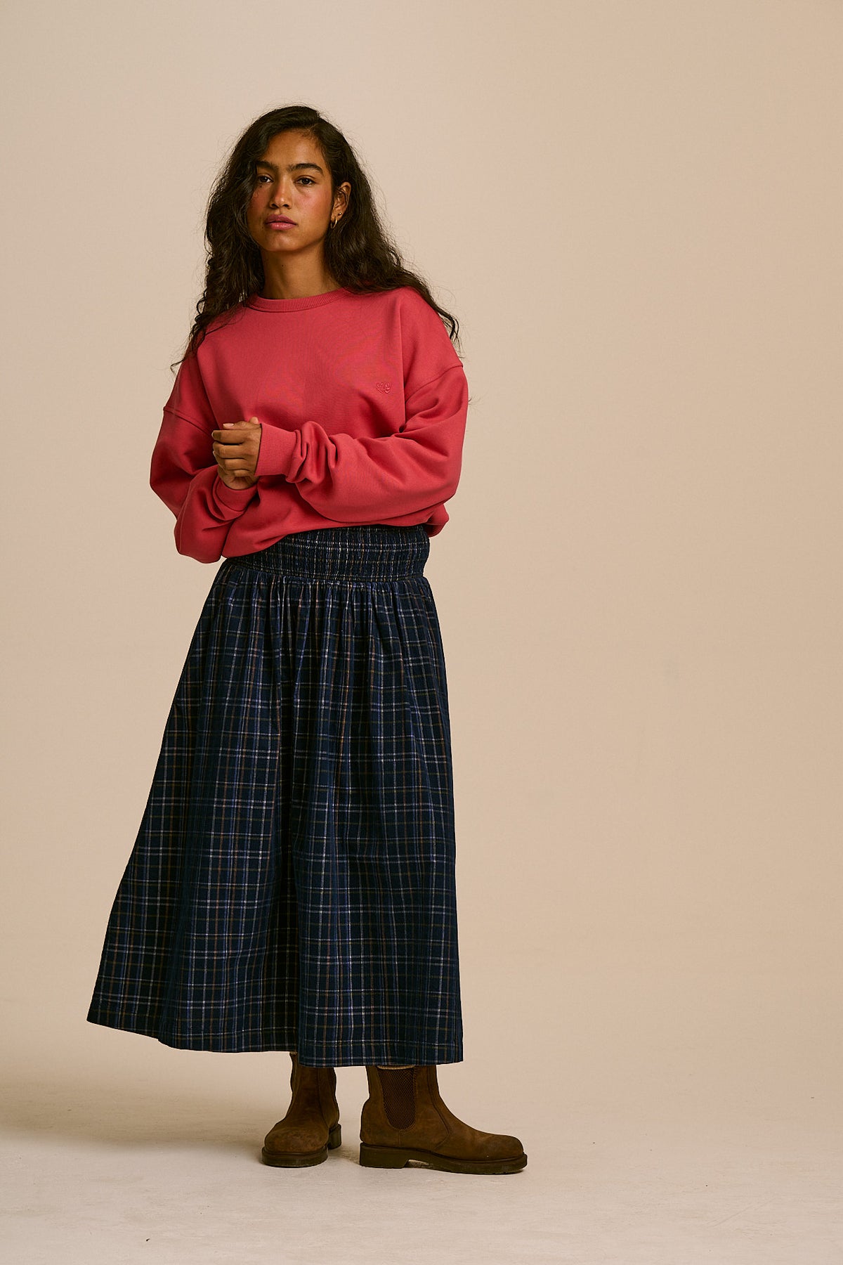 Sofiya - Organic Cord Midi Skirt in Woodland Check