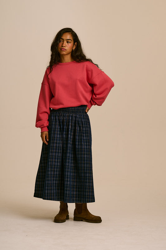 Sofiya - Organic Cord Midi Skirt in Woodland Check
