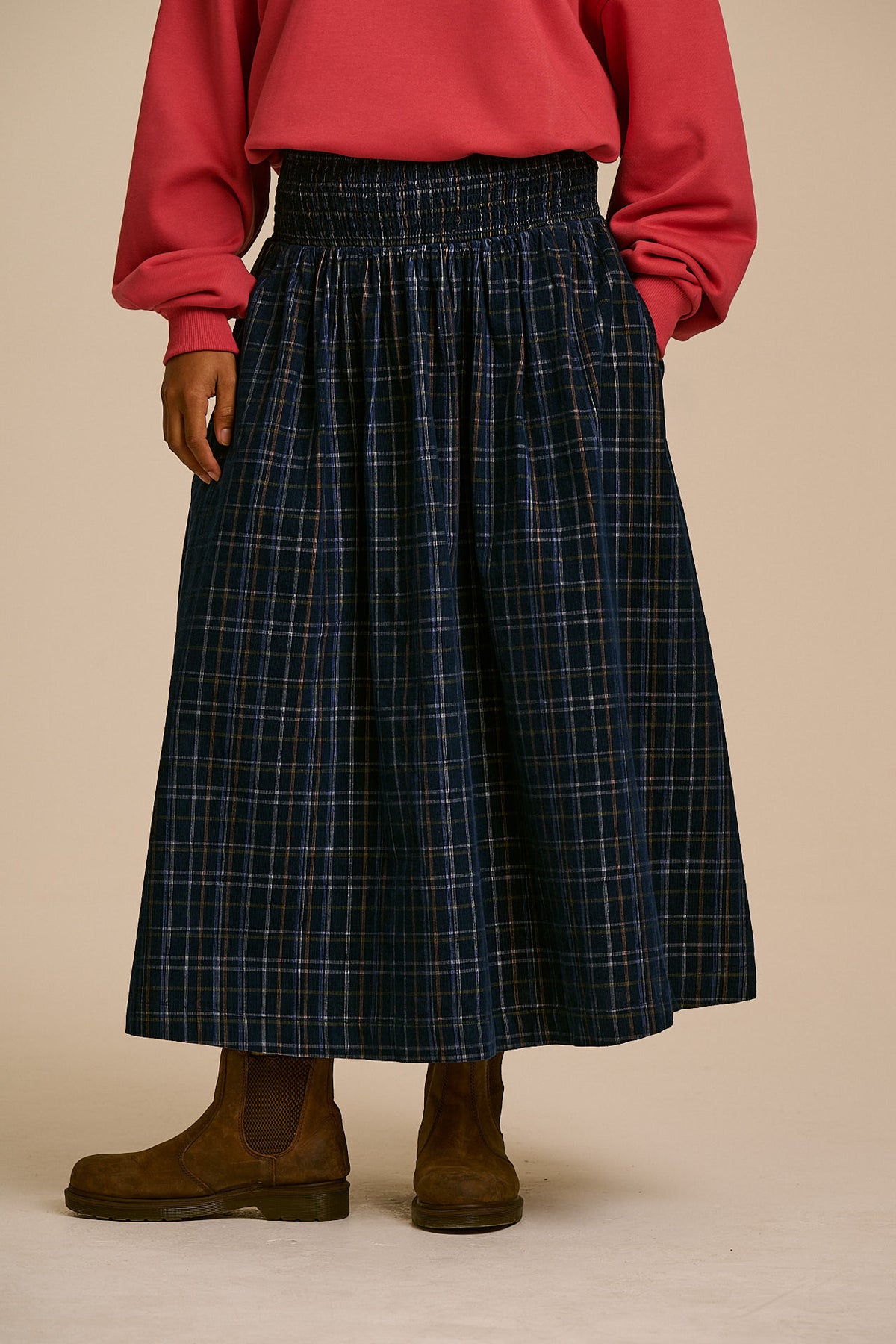 Sofiya - Organic Cord Midi Skirt in Woodland Check