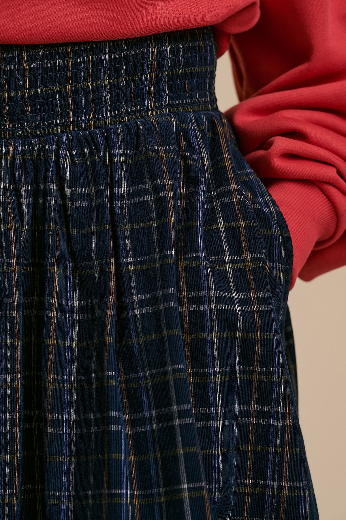 Sofiya - Organic Cord Midi Skirt in Woodland Check