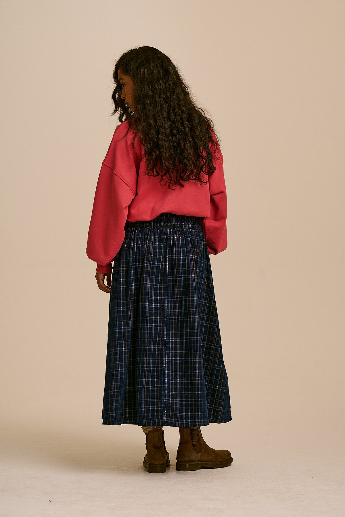 Sofiya - Organic Cord Midi Skirt in Woodland Check