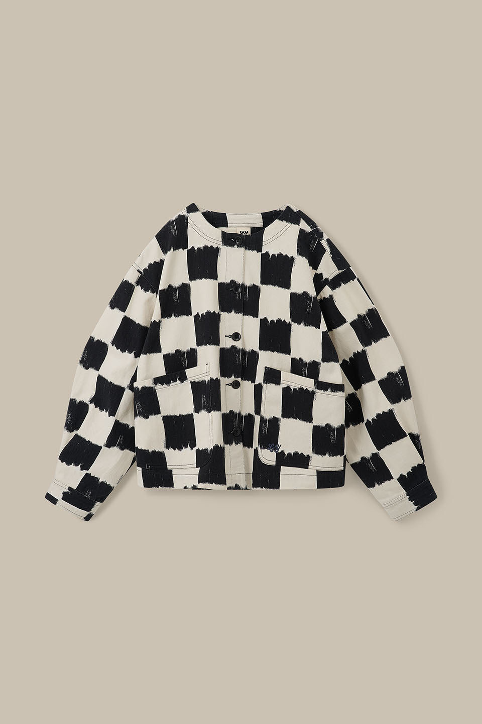 Amarante - Collarless Cotton Jacket in Black & Ecru Blurred Checkerboard