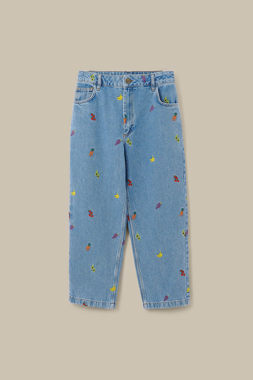 Drew - Cropped Straight Legged Cotton Trousers in Light Wash Veg Embroidery