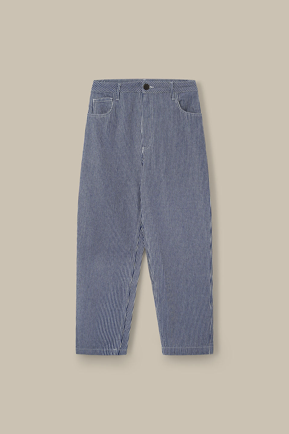 Drew - Cropped Straight Leg Cotton Trousers in Navy Stripe