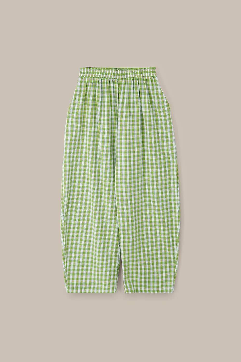 Freddie - Barrel Leg Cotton Trousers in Green & White Tulip Gingham