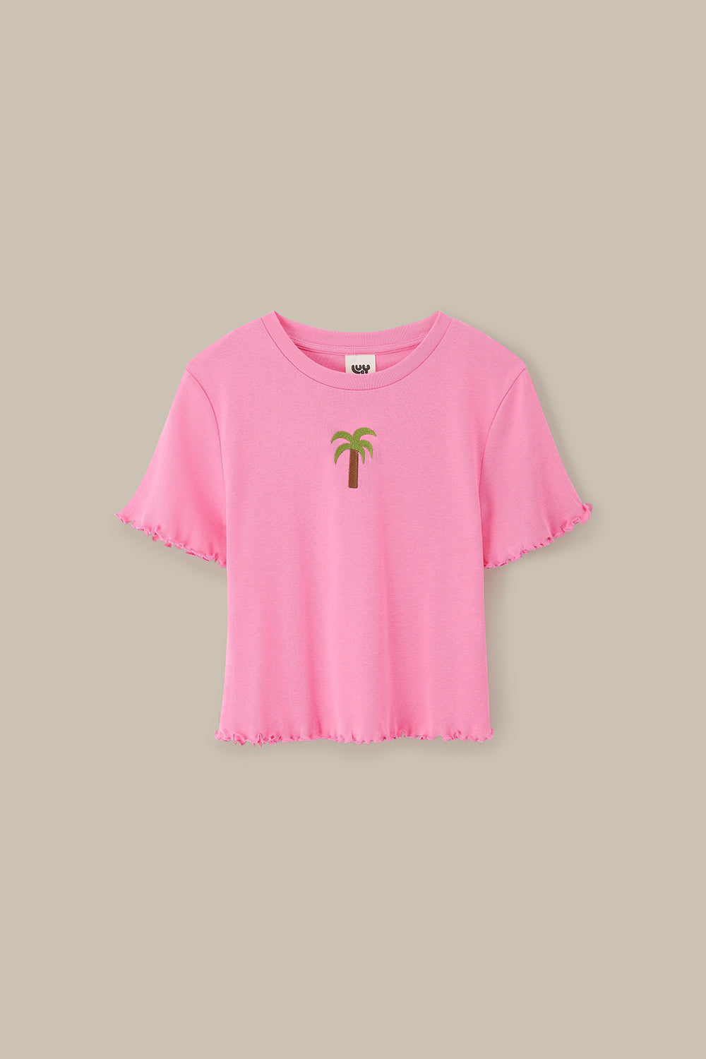 Greta - Cropped Cotton Top in Pink with Palm Embroidery