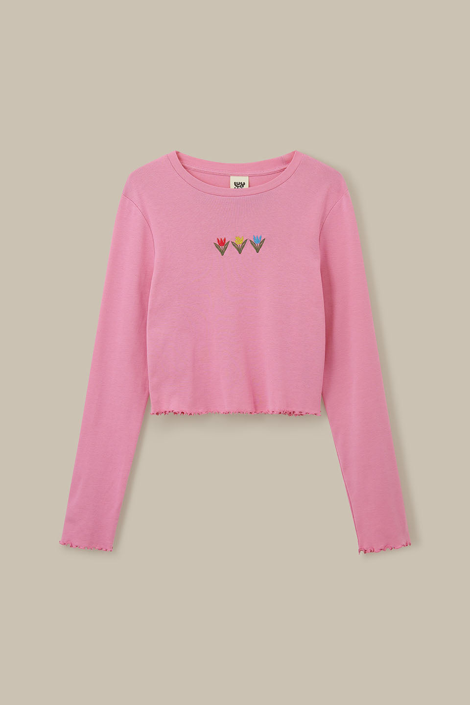 Hansel - Long Sleeve Cotton Crop Top in Pink Tulip Embroidery