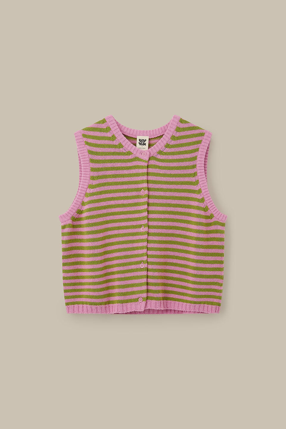 Lynne - Cotton Knitted Tank in Green & Pink Stripe