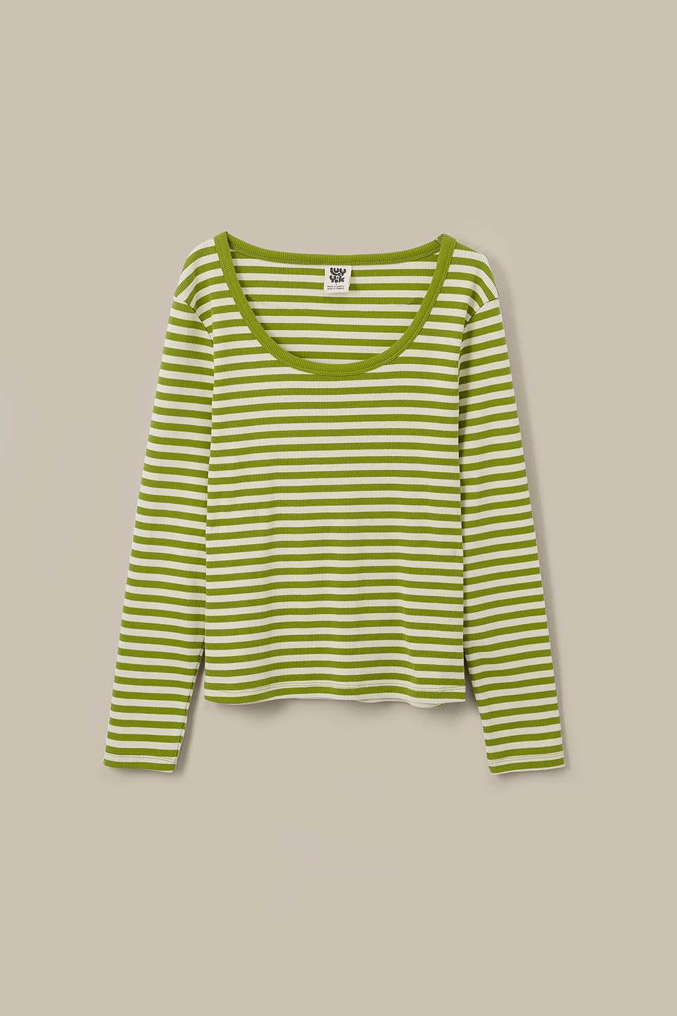 Remy - Ribbed Cotton Scoop Neck Long Sleeve Top in Green & Ecru Stripe