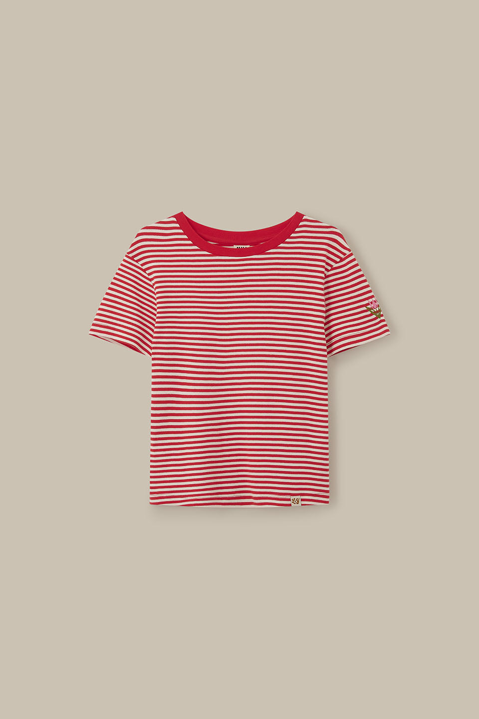 Maya - Cotton T-Shirt in Red & Ecru Stripe with Tulip Embroidery