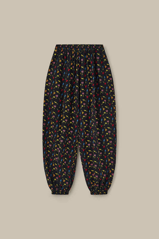 Renata - Cuffed Cotton Balloon Leg Trousers in Mini Tulips on Black
