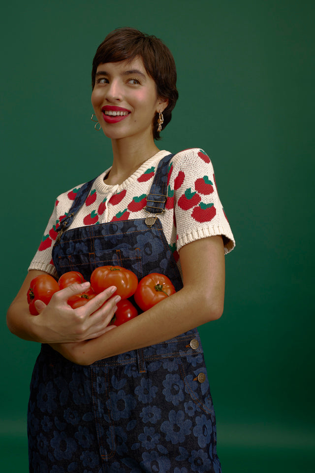 Lizzie - Cotton Short Sleeve Knitted Cardigan in Tomatoes