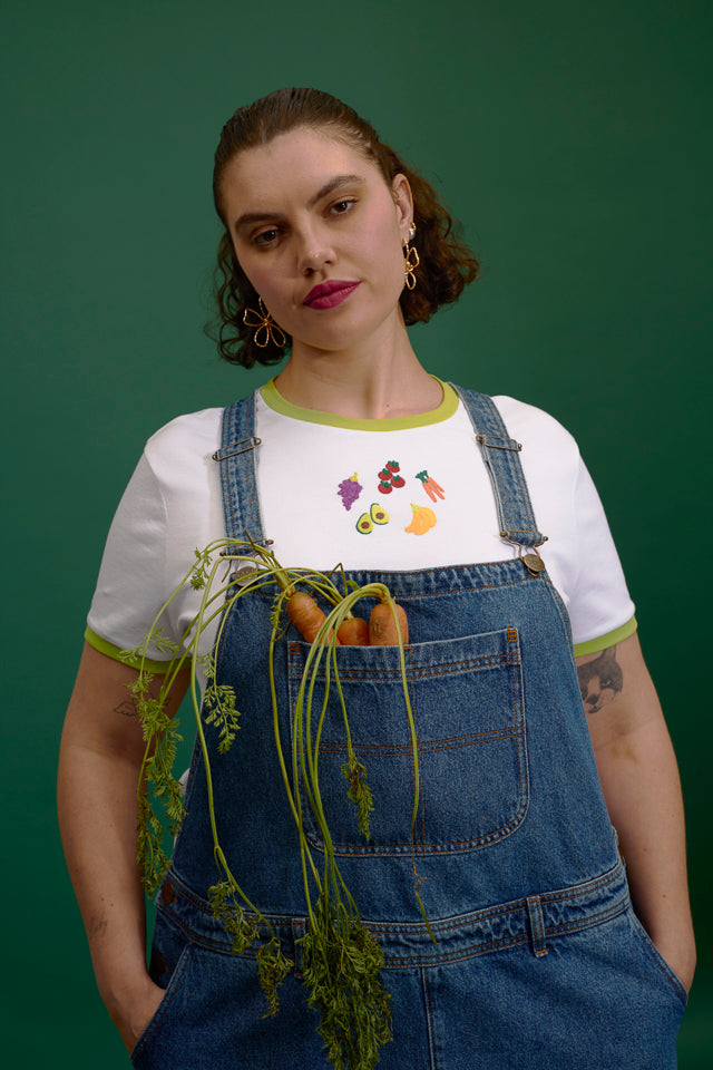 Maya - Cotton T-Shirt in Fruit & Veg Embroidery