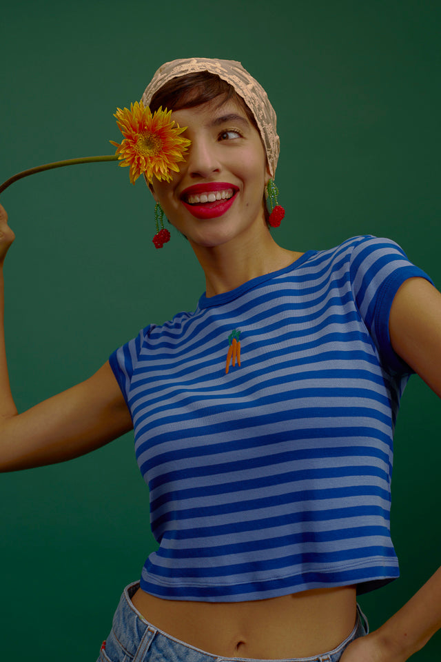 Fenn - Cotton Baby Tee in Navy Carrot Stripe