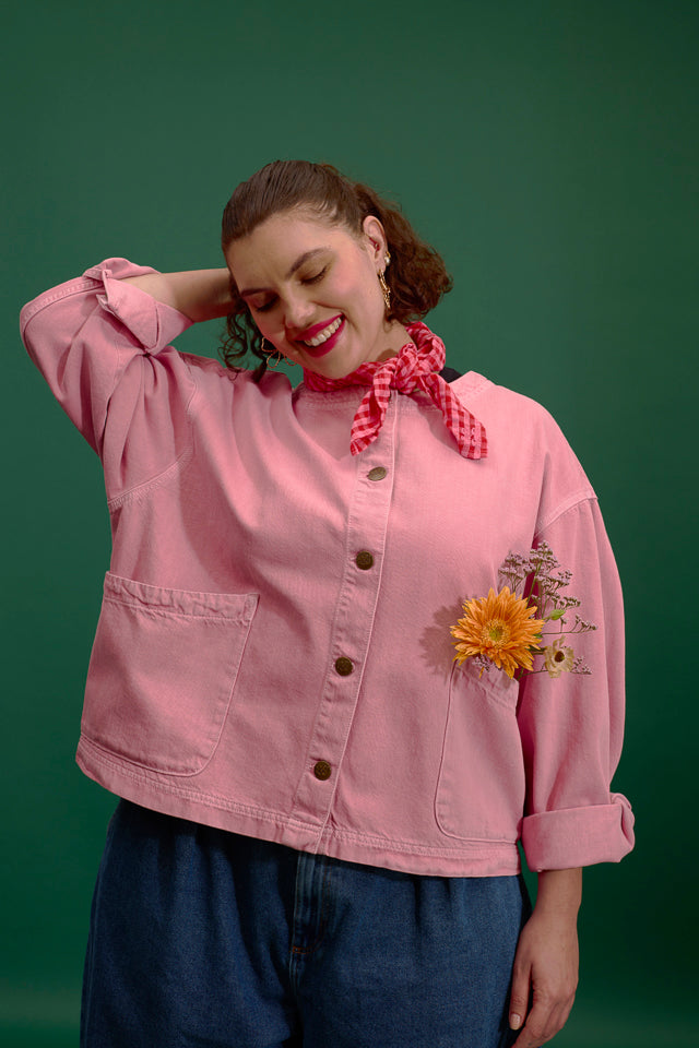 Amarante - Collarless Denim Collarless Jacket in Pink Wash