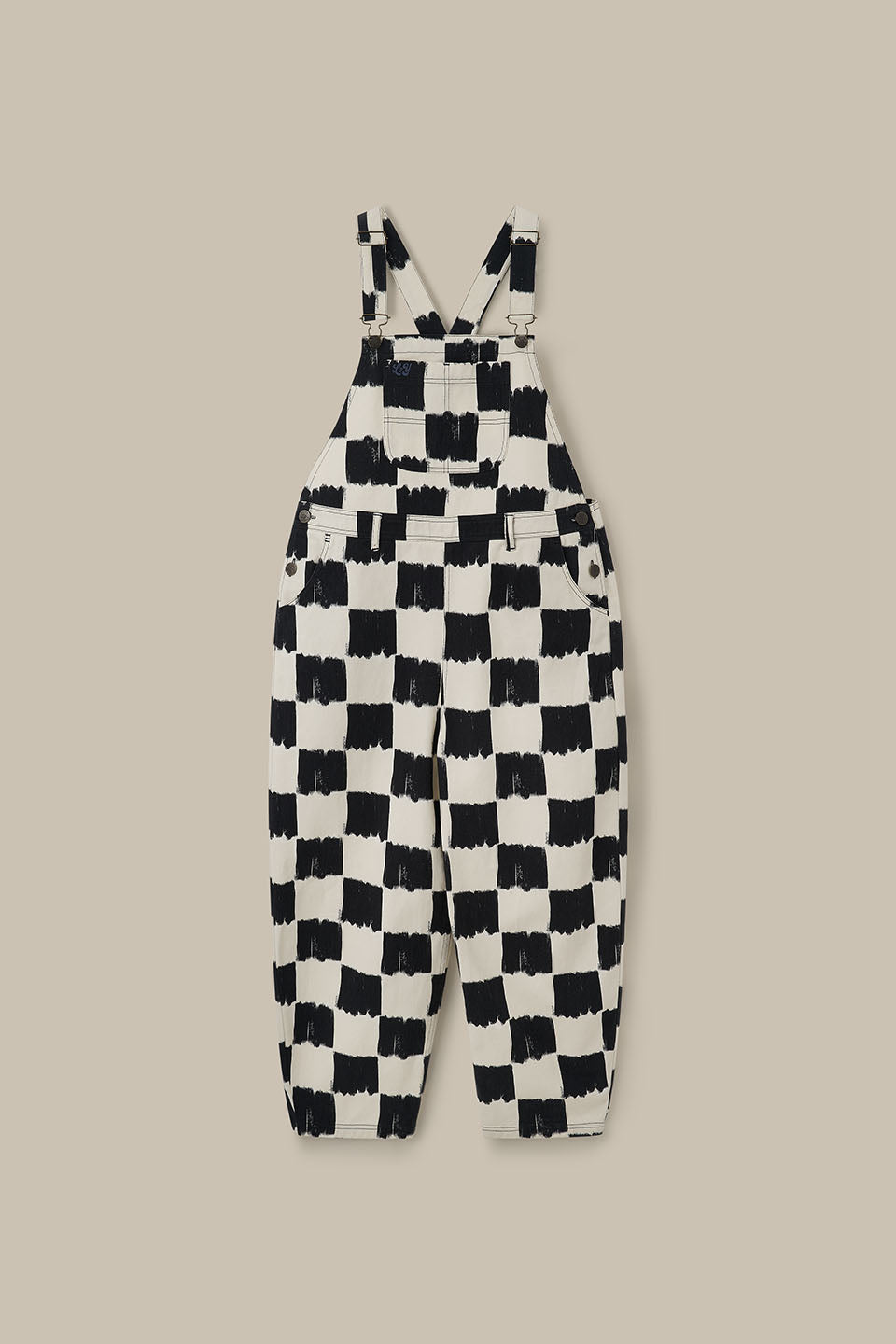 Toluca - Cotton Barrel Leg Dungarees in Black & Ecru Blurred Checkerboard