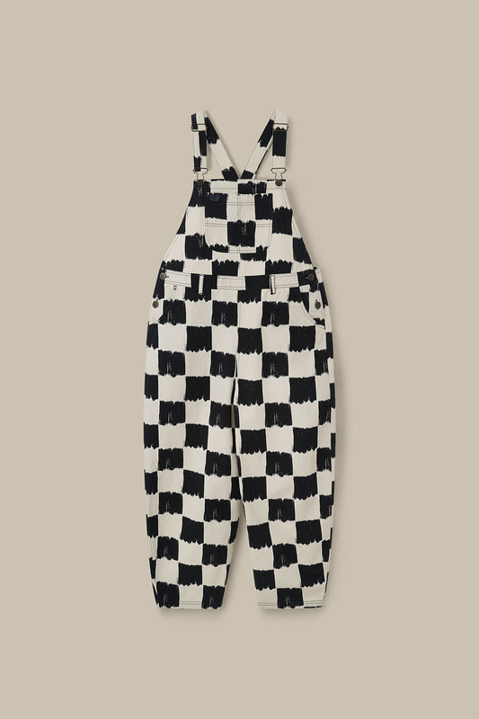 Toluca - Cotton Barrel Leg Dungarees in Black & Ecru Blurred Checkerboard