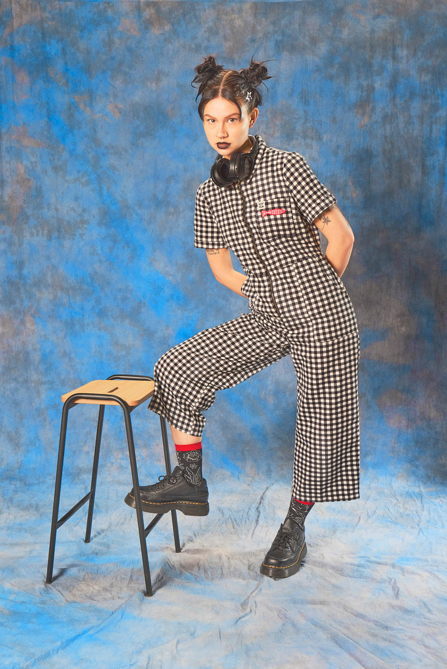 Ragan - Cotton Jumpsuit in Black & White Gingham Fish Embroidery