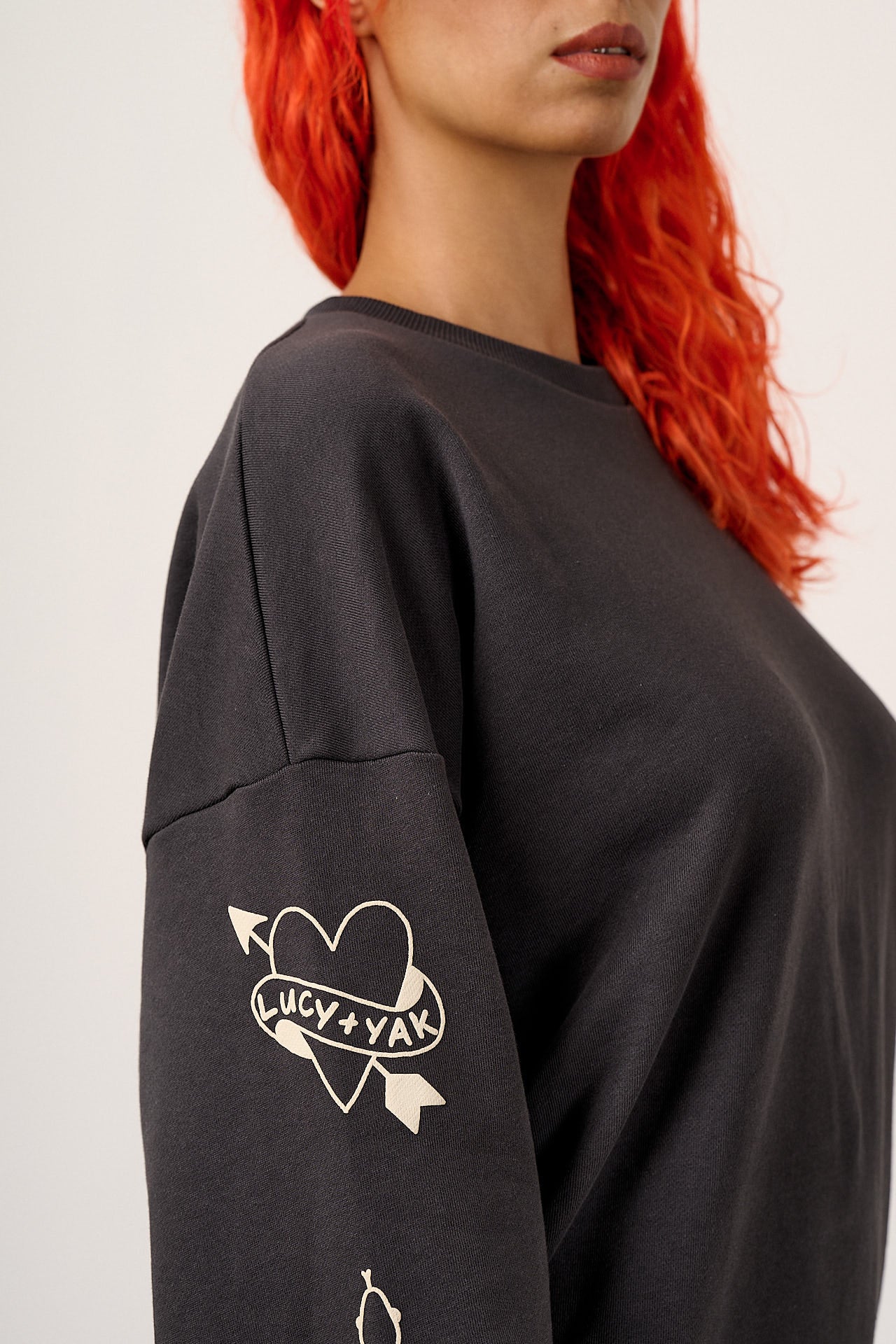 Sutton - Cotton Jersey Oversized Sweatshirt in Charcoal with Tattoo Printed Sleeves