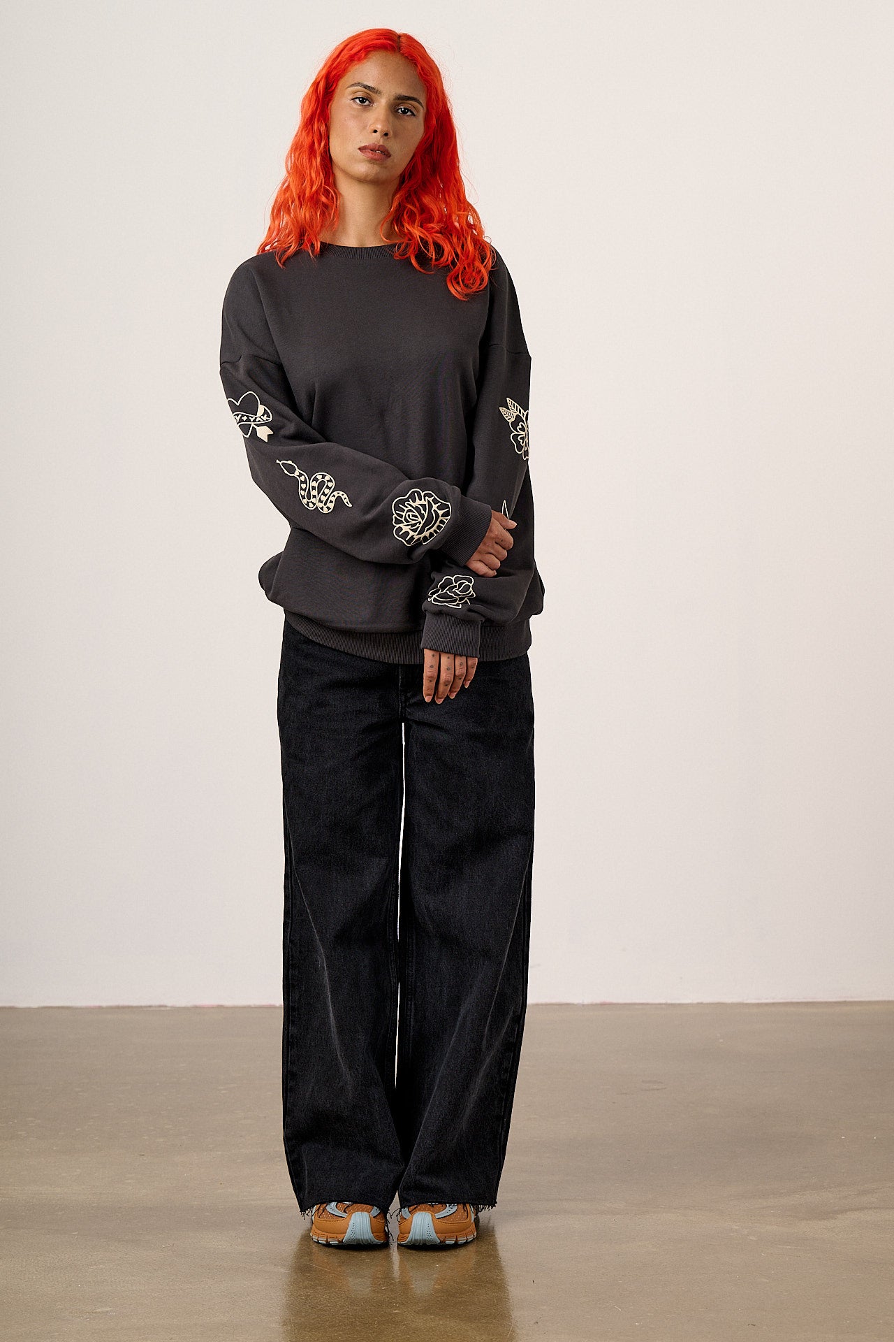 Sutton - Cotton Jersey Oversized Sweatshirt in Charcoal with Tattoo Printed Sleeves