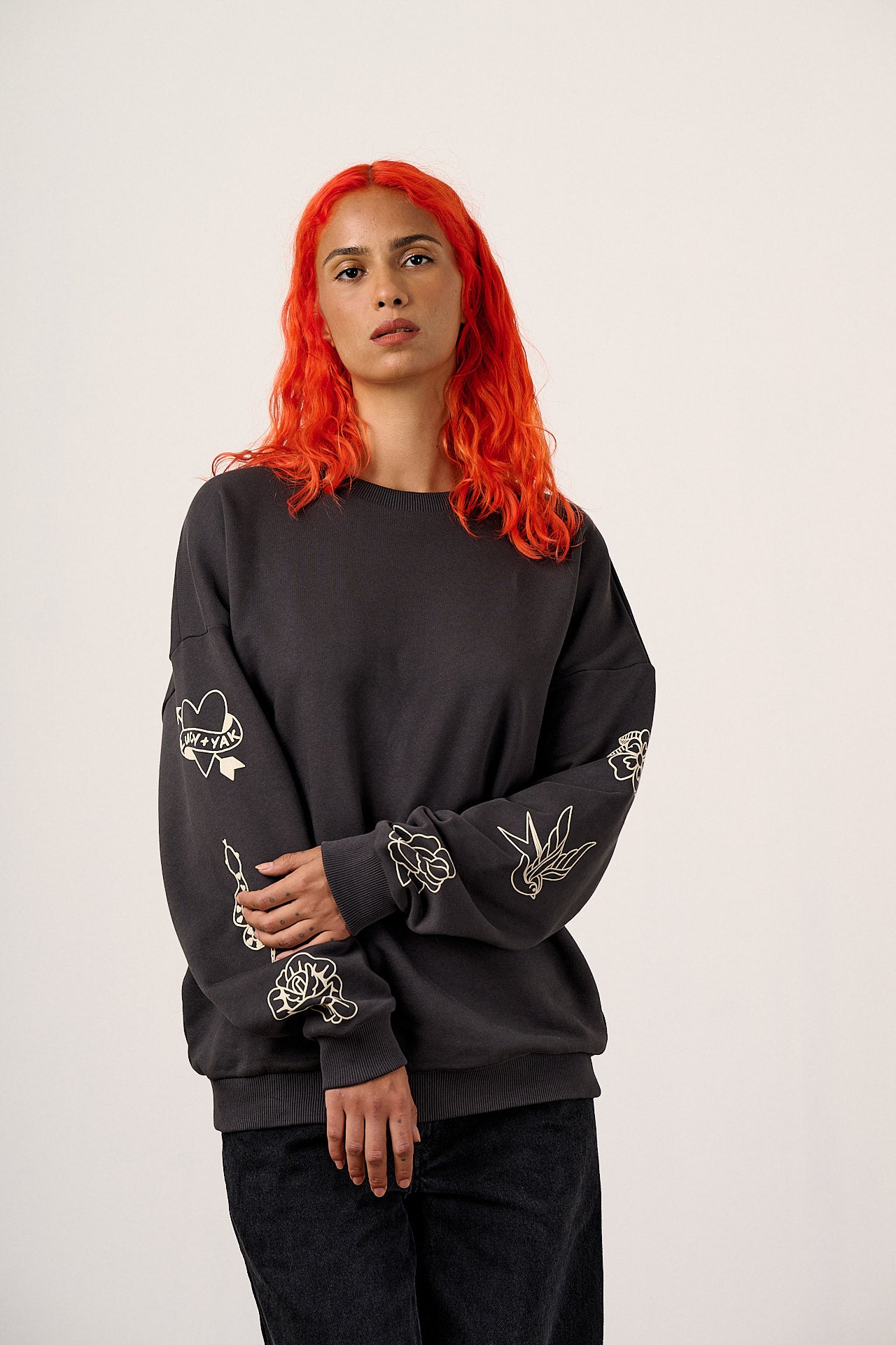 Sutton - Cotton Jersey Oversized Sweatshirt in Charcoal with Tattoo Printed Sleeves