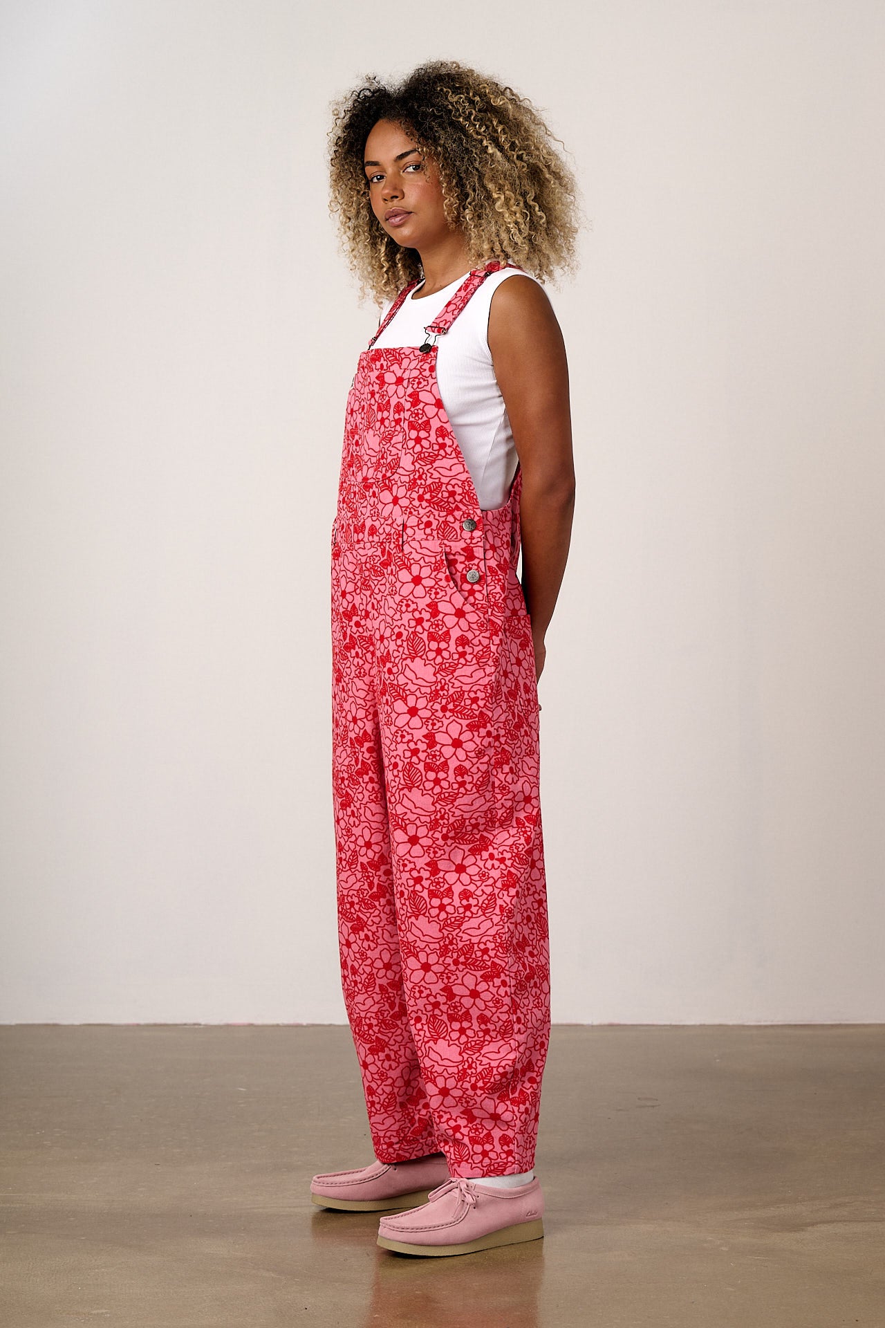 Toluca - Cotton Barrel Leg Dungarees in Pink & Red Kahlo Bloom