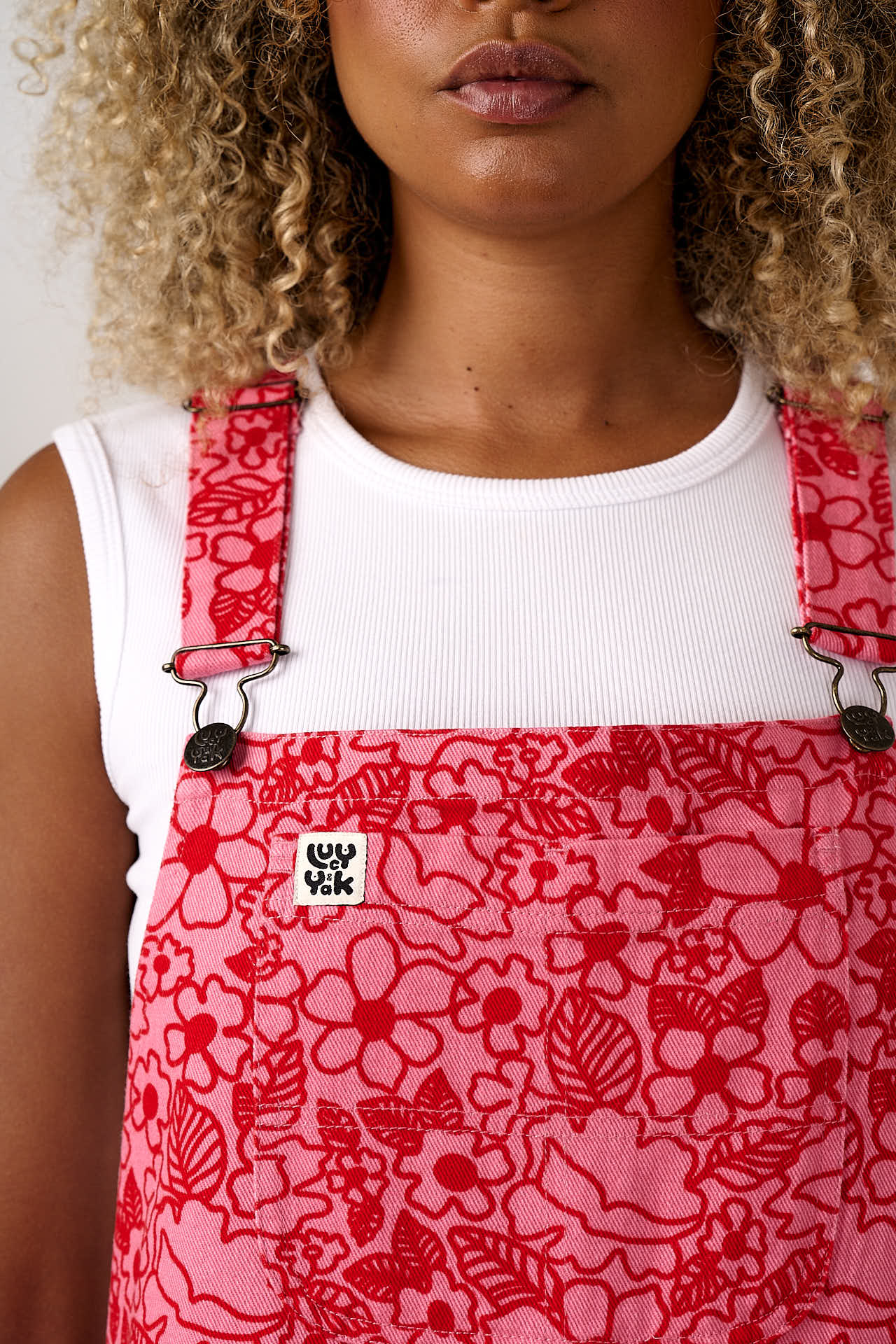 Toluca - Cotton Barrel Leg Dungarees in Pink & Red Kahlo Bloom