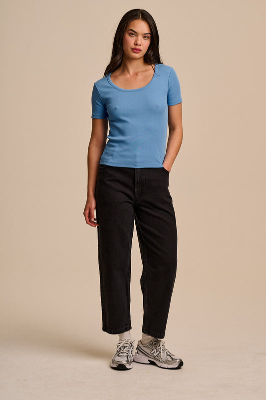 Vita - Ribbed Cotton Scoop Neck Short Sleeve T-Shirt in Blue
