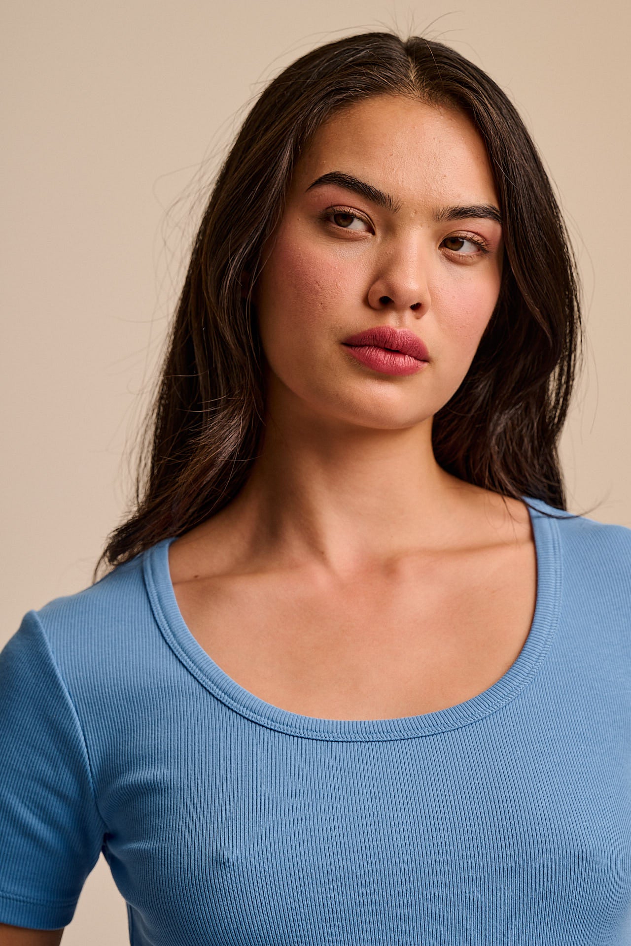 Vita - Ribbed Cotton Scoop Neck Short Sleeve T-Shirt in Blue