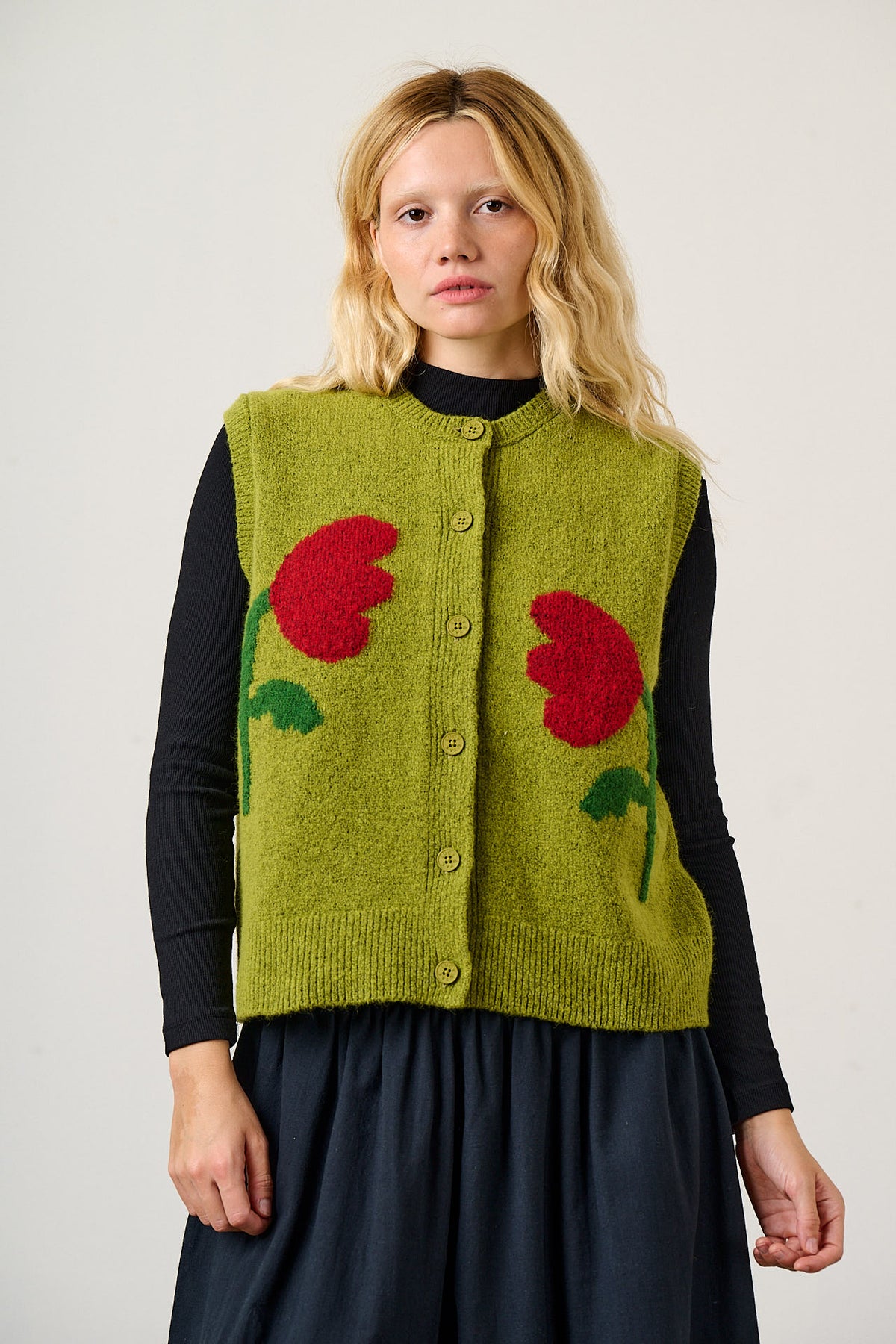 Vivi - Button Up Knitted Vest in Tulip