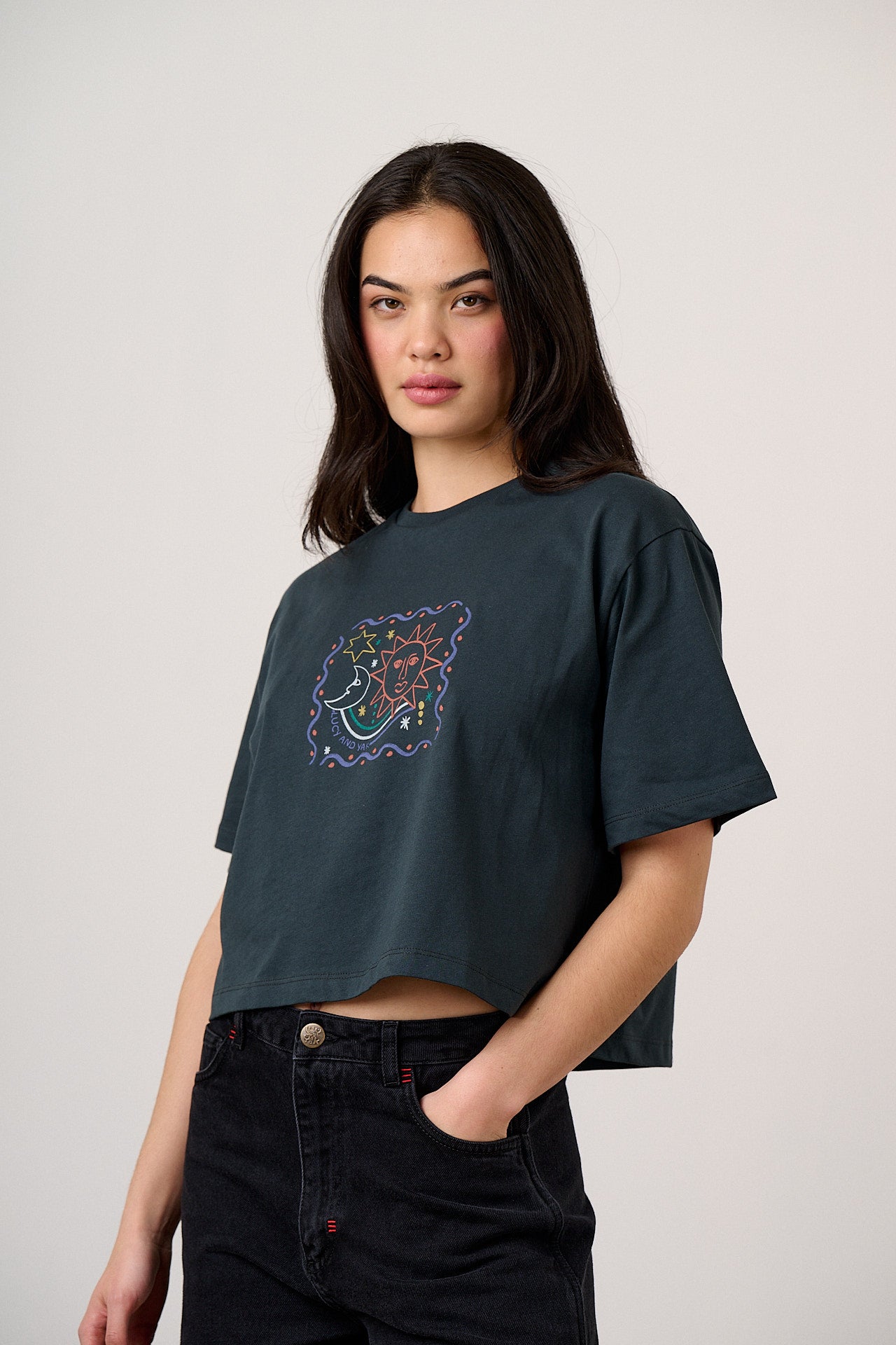 Zayla - Cropped Boxy T-Shirt in Black Cosmic Folk Print