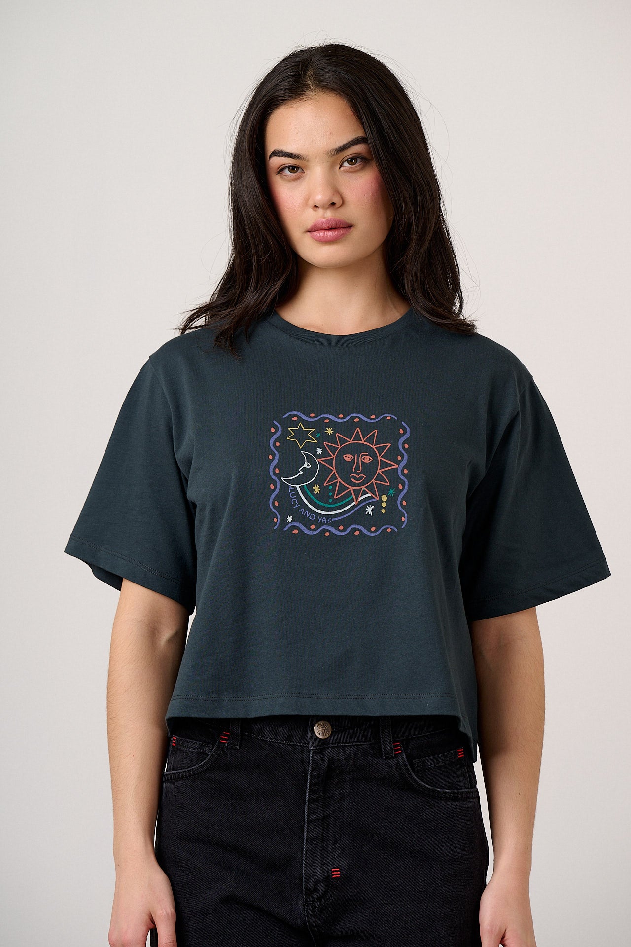 Zayla - Cropped Boxy T-Shirt in Black Cosmic Folk Print