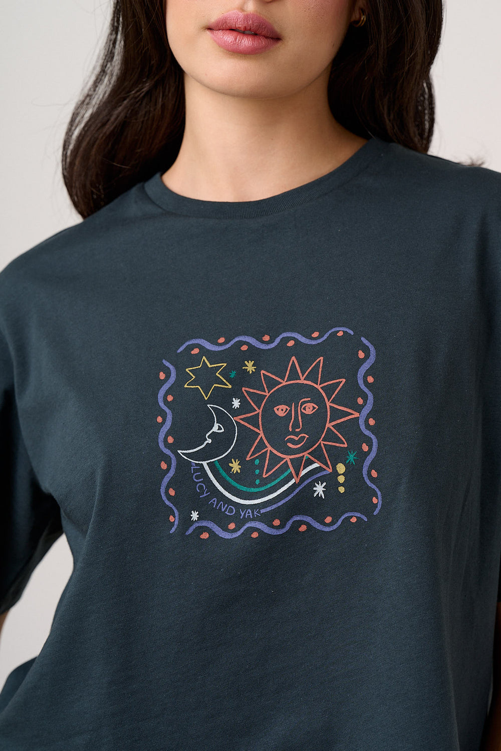 Zayla - Cropped Boxy T-Shirt Cotton in Black Cosmic Folk Print