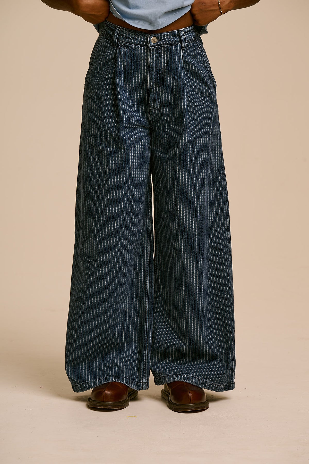 Cole -  Wide Leg Cotton Jeans in Pinstripe