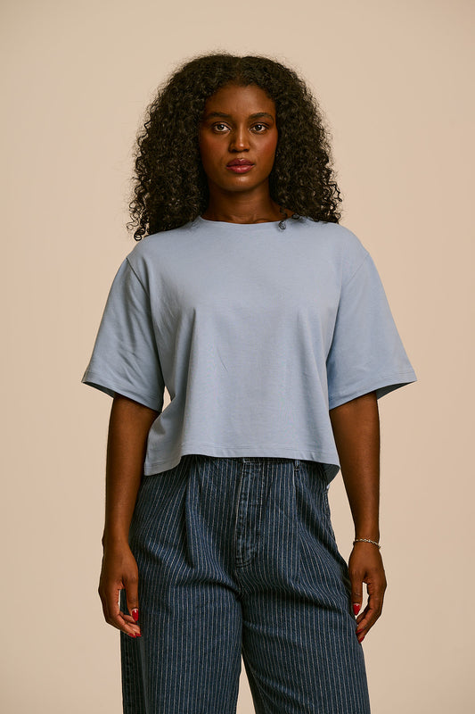 Zayla - Cotton Cropped Boxy T-Shirt in Dusky Blue