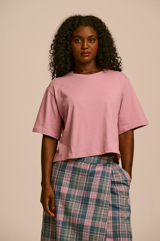 Zayla - Cotton Cropped Boxy T-Shirt in Dusky Pink
