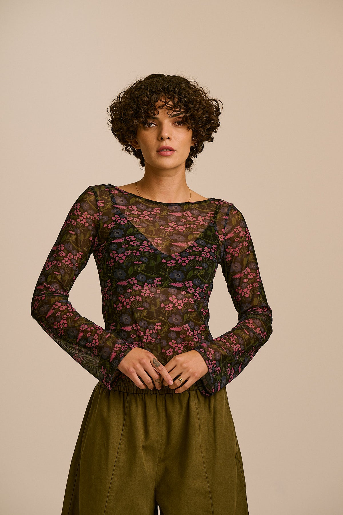 Zoe -  Mesh Slash Neck Top in Ditsy Floral