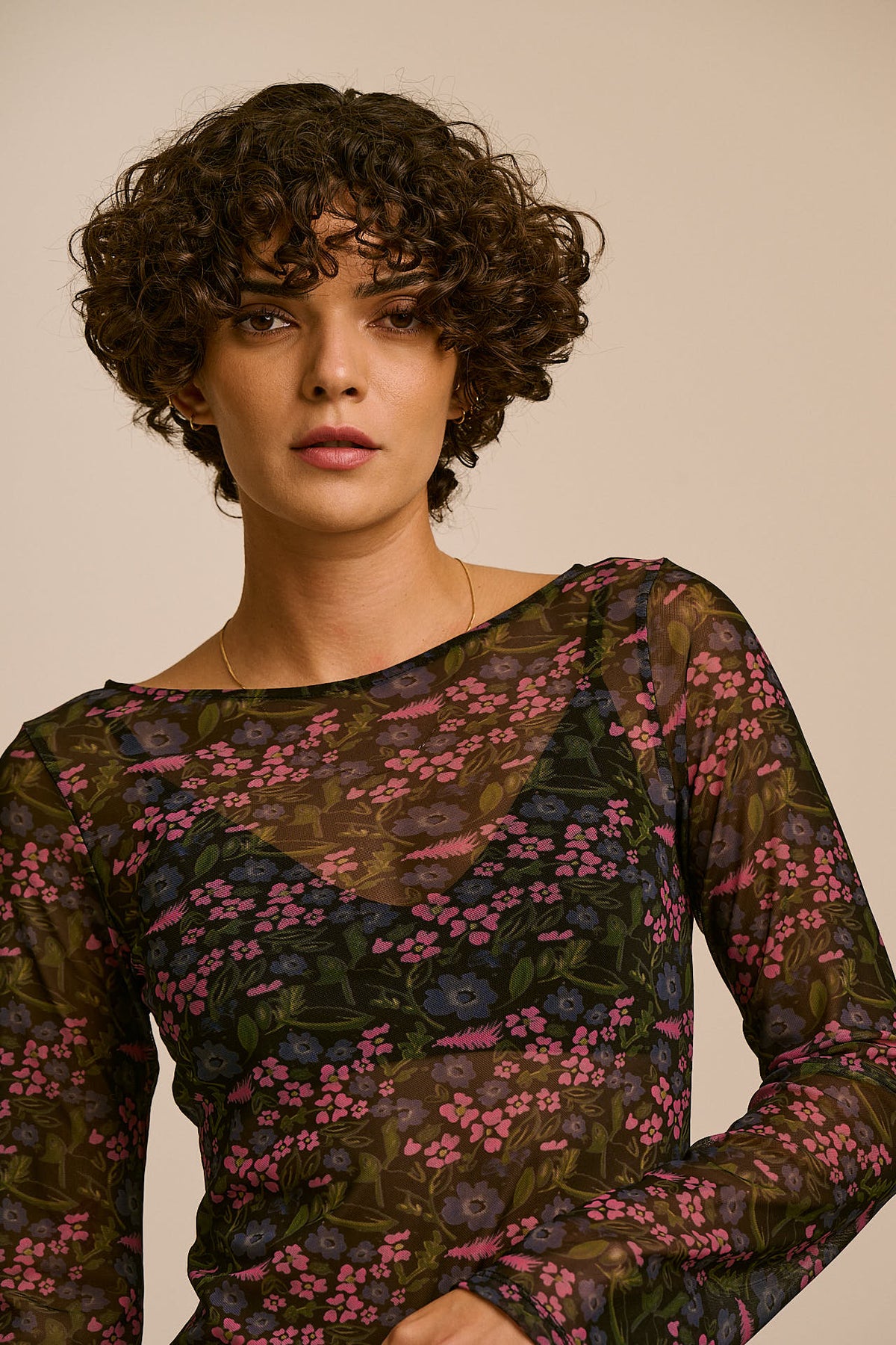 Zoe -  Mesh Slash Neck Top in Ditsy Floral