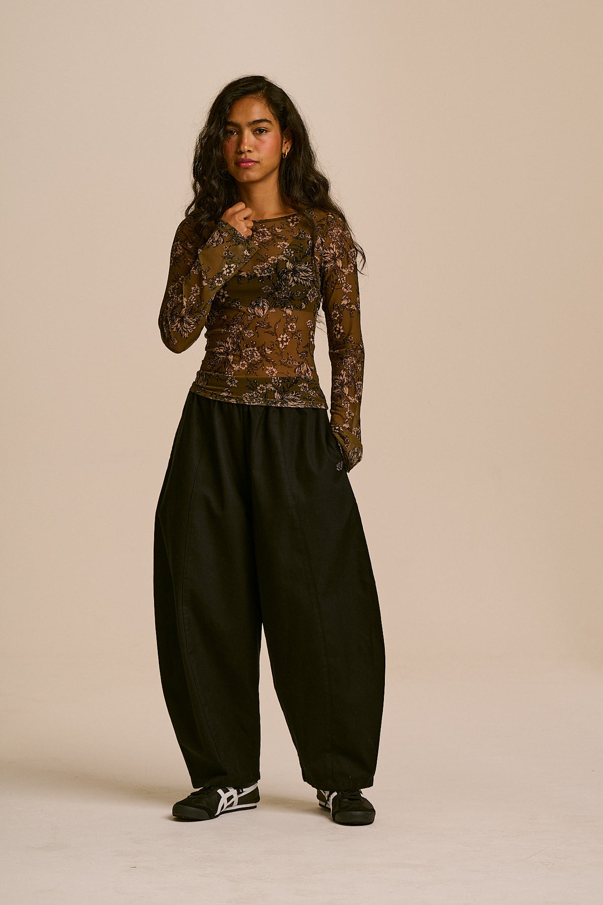 Zoe - Mesh Slash Neck Top in Green Floral