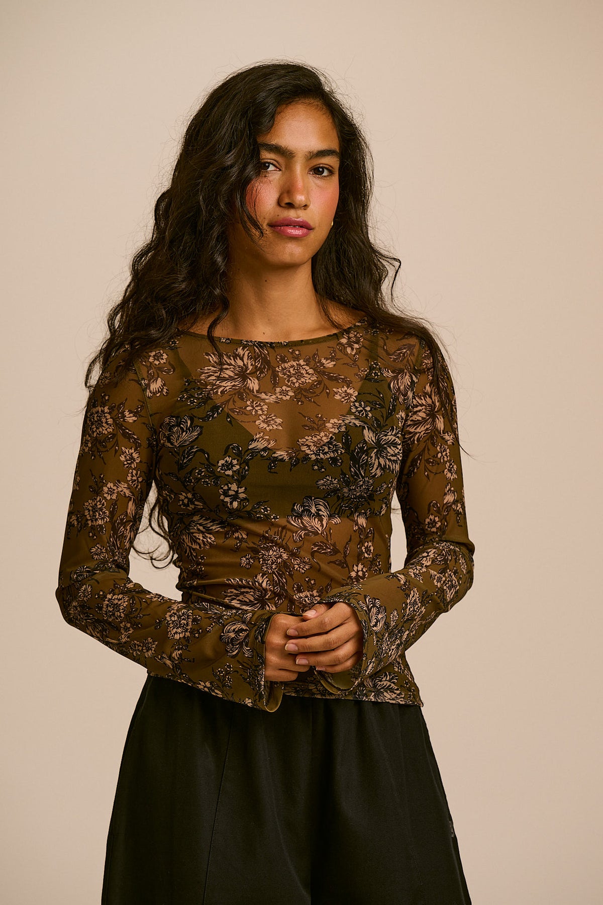 Zoe - Mesh Slash Neck Top in Green Floral