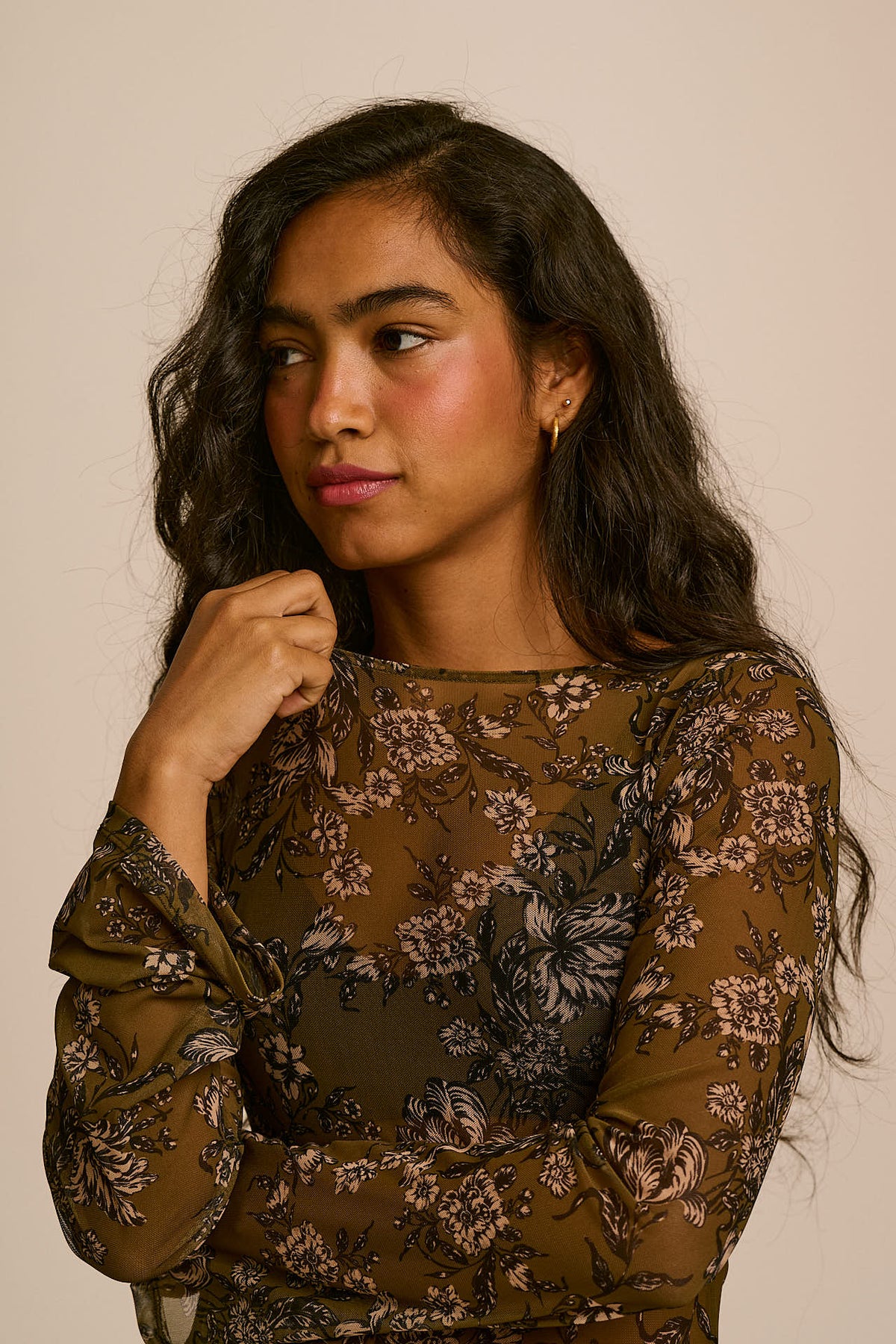 Zoe - Mesh Slash Neck Top in Green Floral