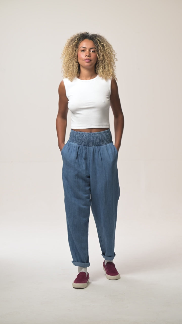 Alexa - Cotton & Hemp Trousers in Mid Wash Blue – Lucy & Yak